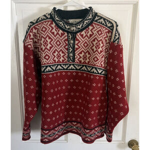 LL Bean Sweater Women's Red Wool Nordic Fair Isle Pullover M Winter Cozy Outdoor